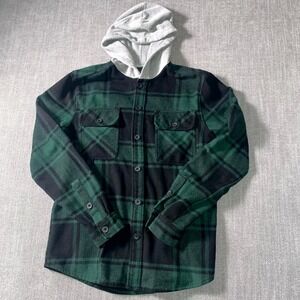 Forever 21 Shacket Mens Small Green Black Plaid Flannel Pockets Button Up Hooded